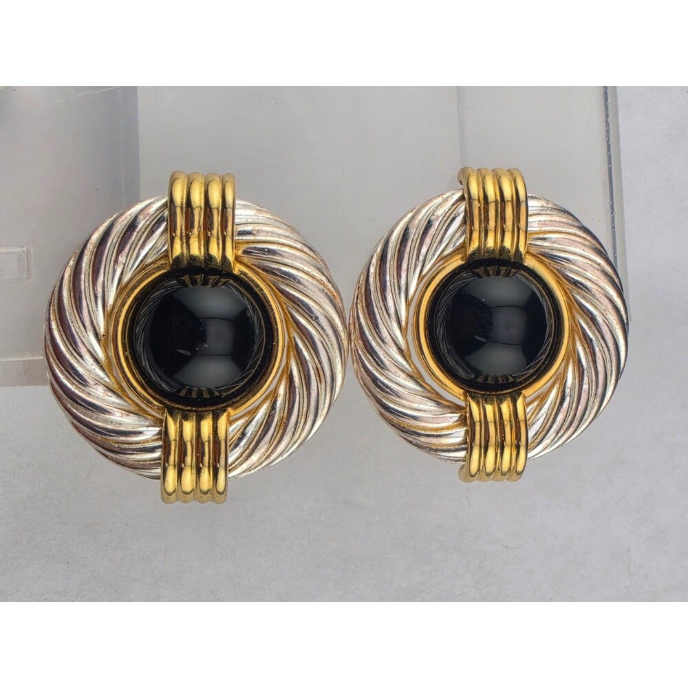 Vintage Fernando Originals Black Cabochon Silver & Gold Plate Clip Earrings